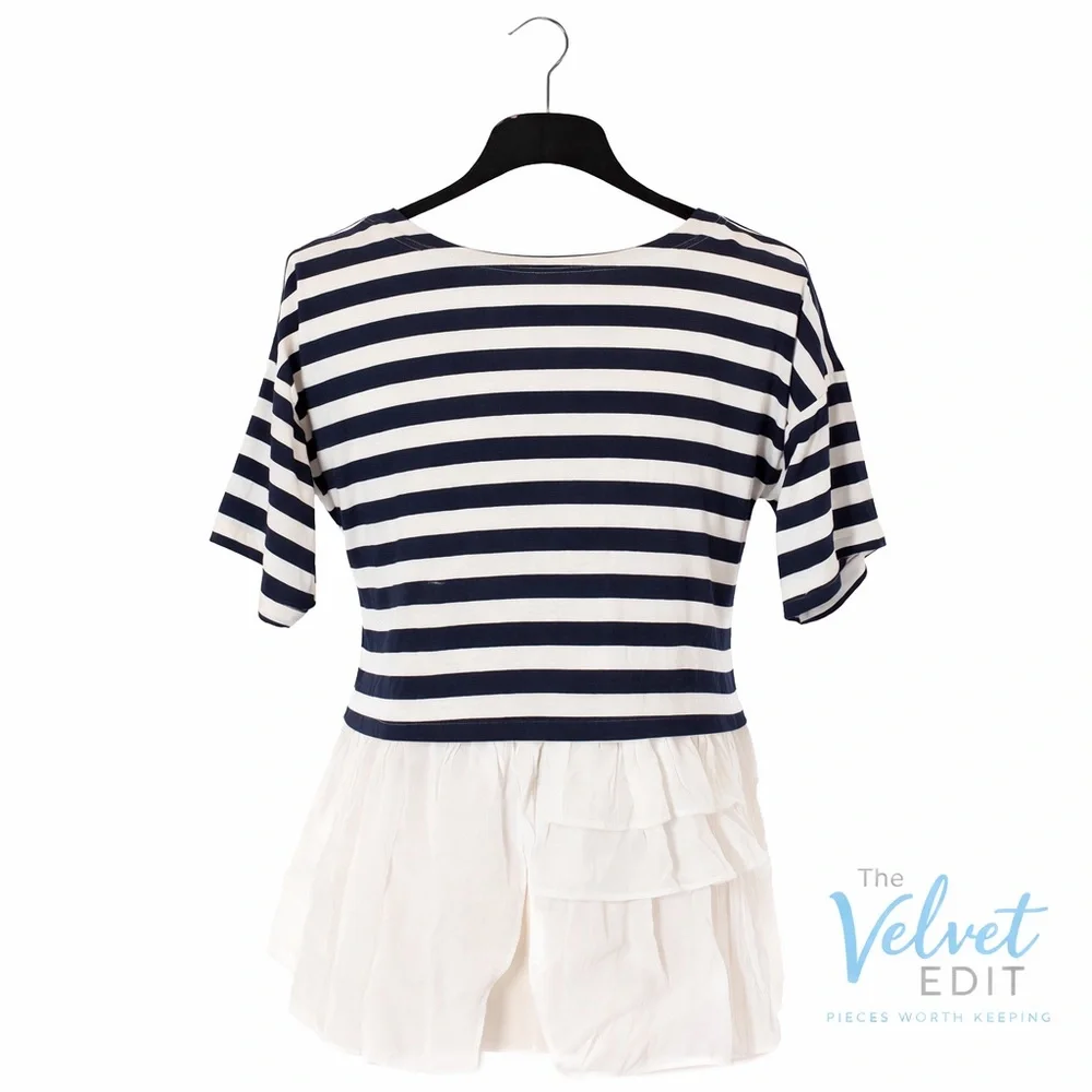 Doe & Rae Navy & White Striped Ruffle Hem Top | Size S - Picture 2 of 3